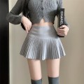 灰色高腰百褶毛呢短裙